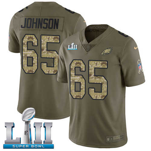 Nike Eagles #65 Lane Johnson Olive/Camo Super Bowl LII Men's Stitched NFL Limited Salute To Service Jersey - Click Image to Close